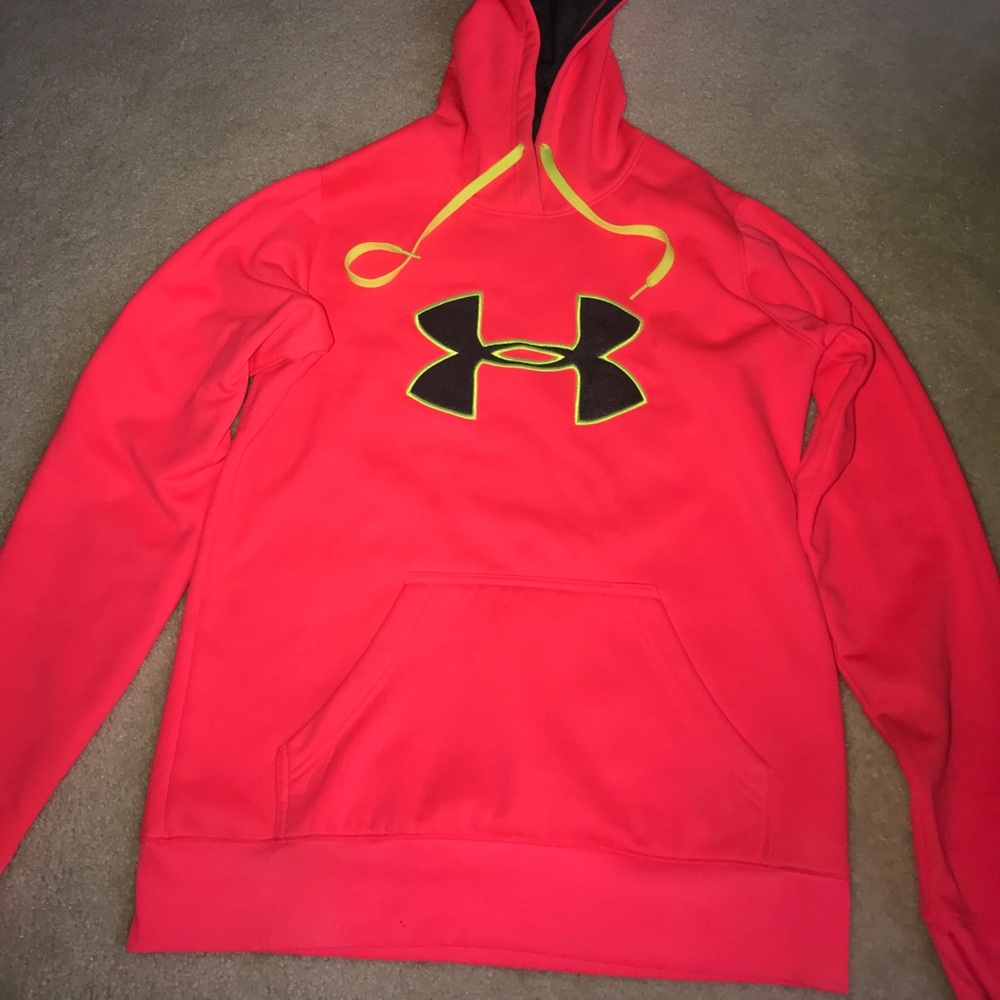 Under Armour Neon Pink Hoodie with Black Logo and Yellow Drawstrings